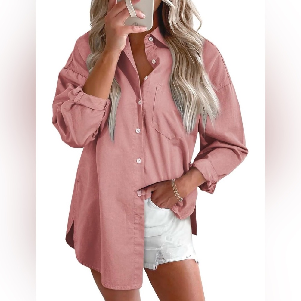 100% Cotton Oversized Pink Button-Down Shirt Size M